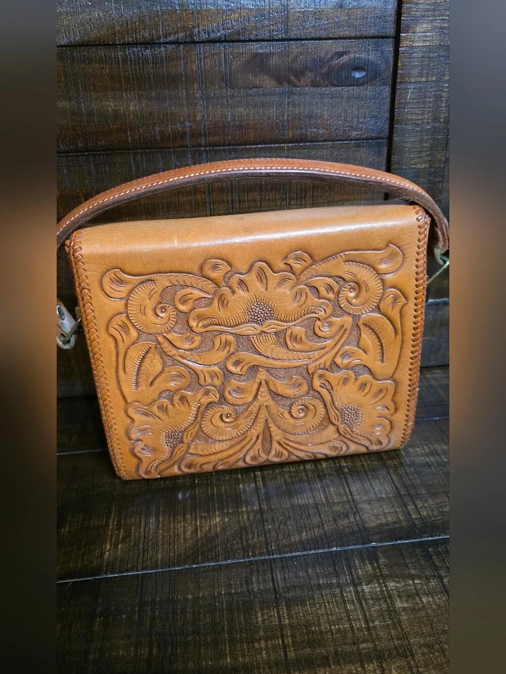 Vintage 70's Hand Tooled Leather Western Granny Handbag
